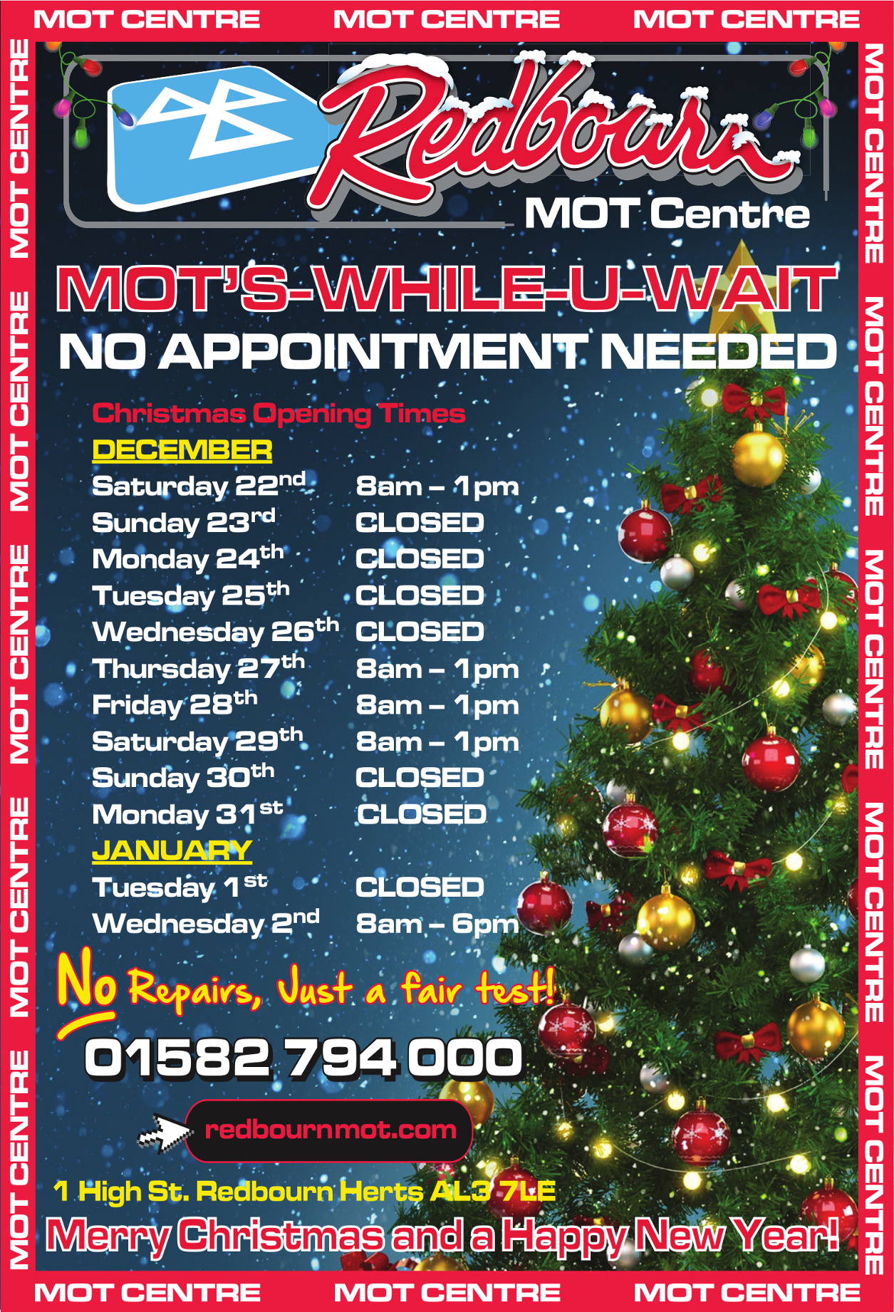 Christmas 2018 and New Year 2019 Opening Times