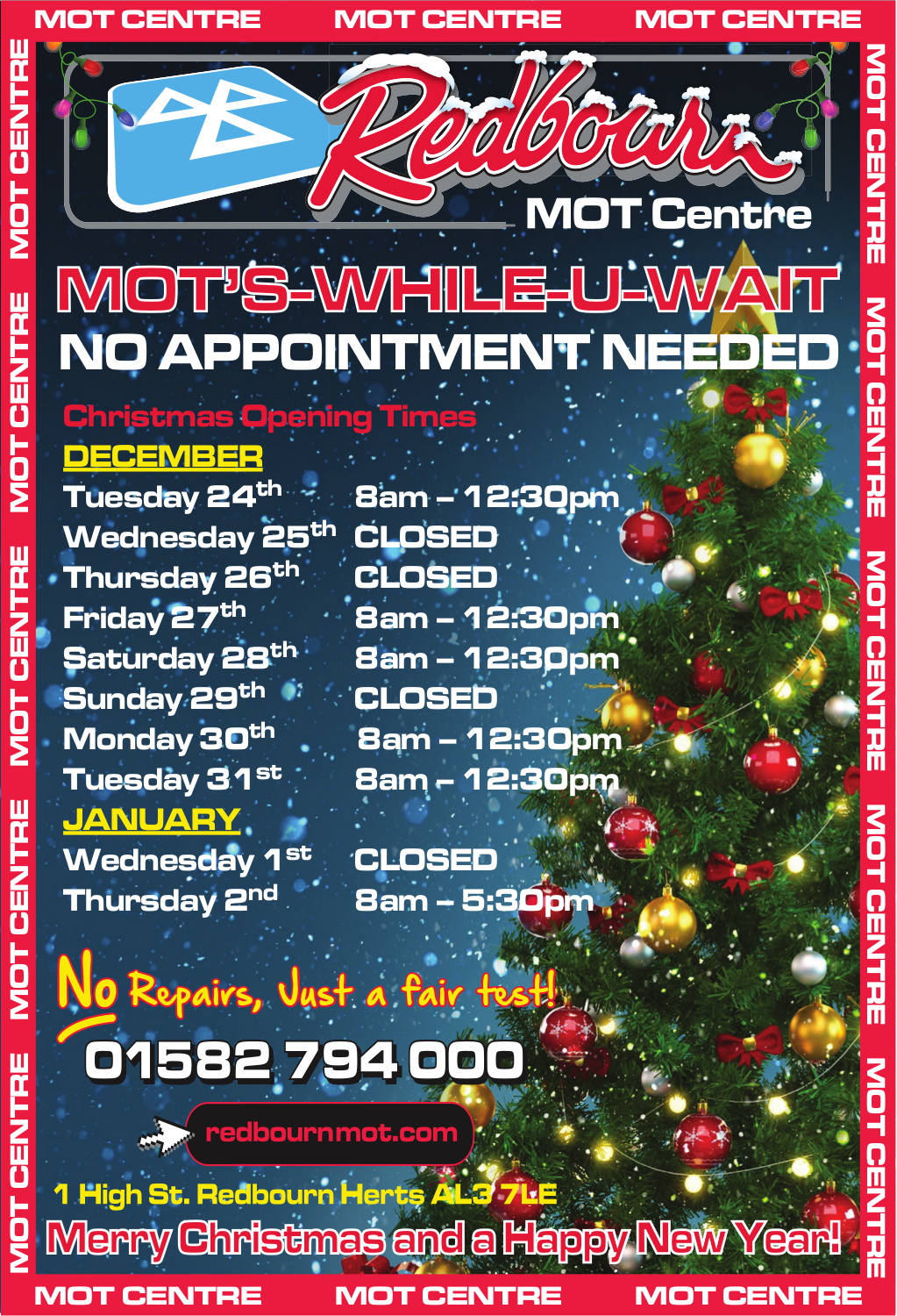 Christmas 2019 and New Year 2020 Opening Times